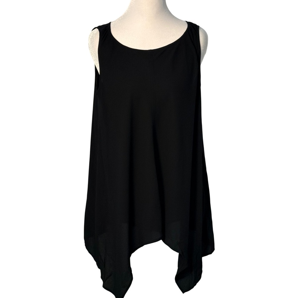 Eileen Fisher Tunic Top Size SP Black 100% Silk Sleeveless Sharkbite Hem Tank